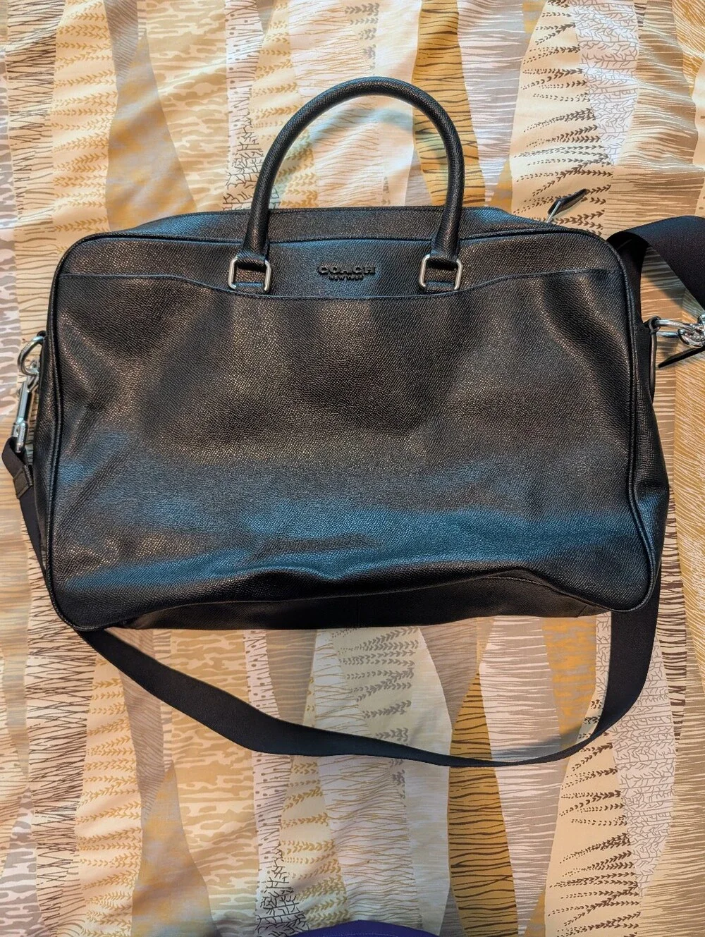 Black Leather Weekender Duffel Bag with Shoulder Strap